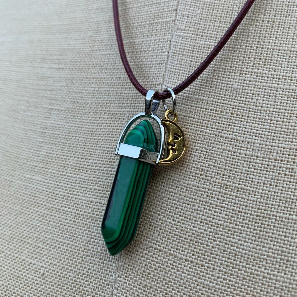 Handmade Malachite Dagger Tower Amulet with Moon Charm_2
